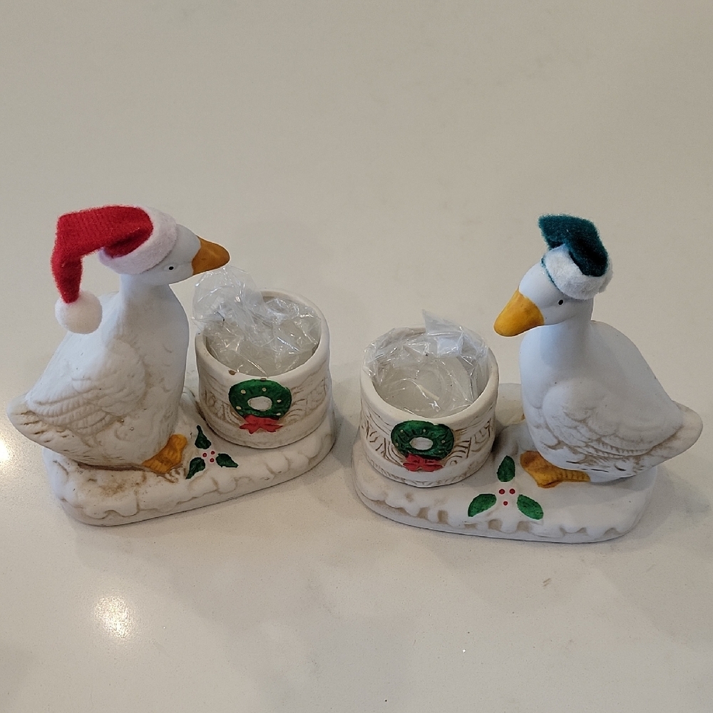 Vintage Festive Geese Candle Holders